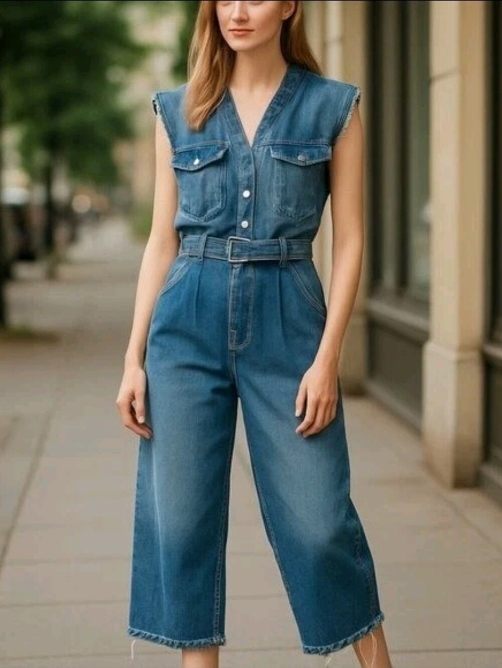Blanc NYC Denim Sleeveless Cropped Women's Jumpsuit Overalls with Belt Size M
